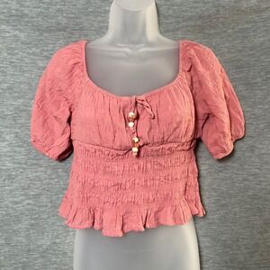 Almost‎ Famous Crop Top Women Large Pink Milkmaid Cottagecore Ruffle Square Neck
